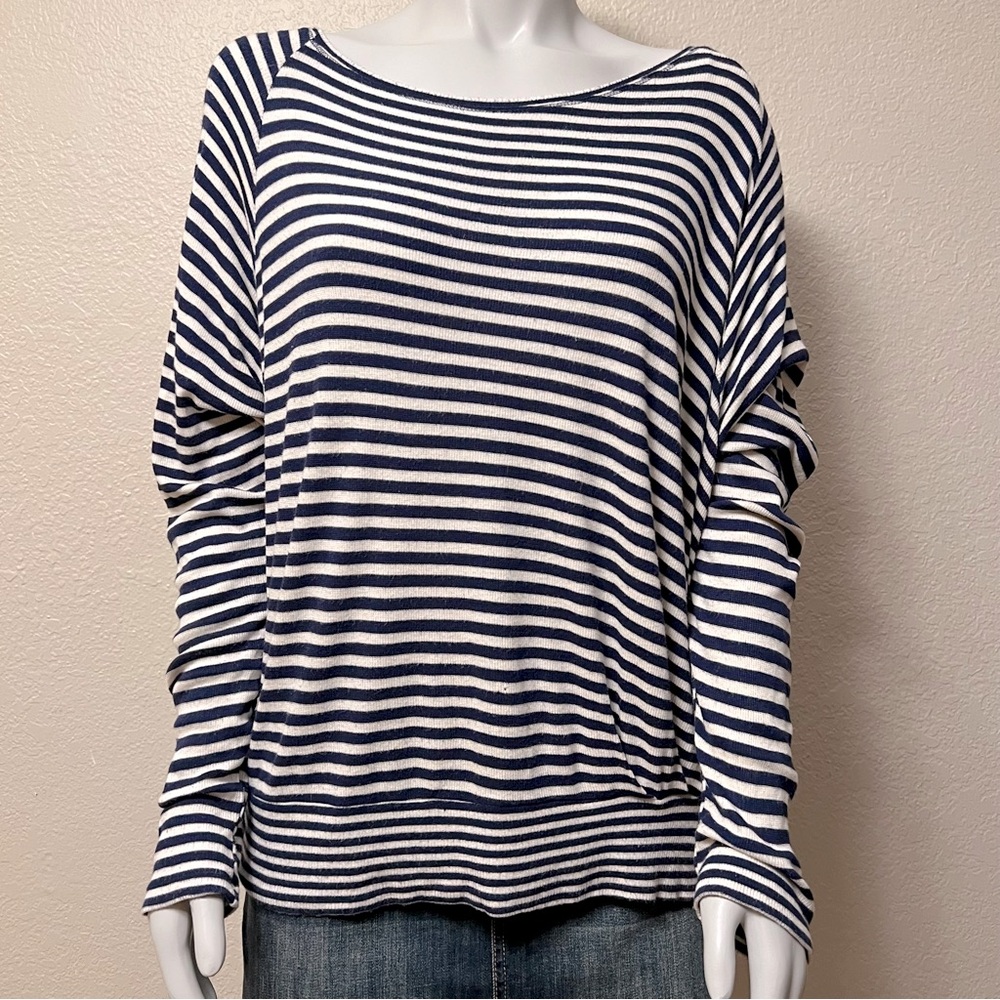 Bordeaux Blue White Striped Long Sleeve Scoop Neck Sweater